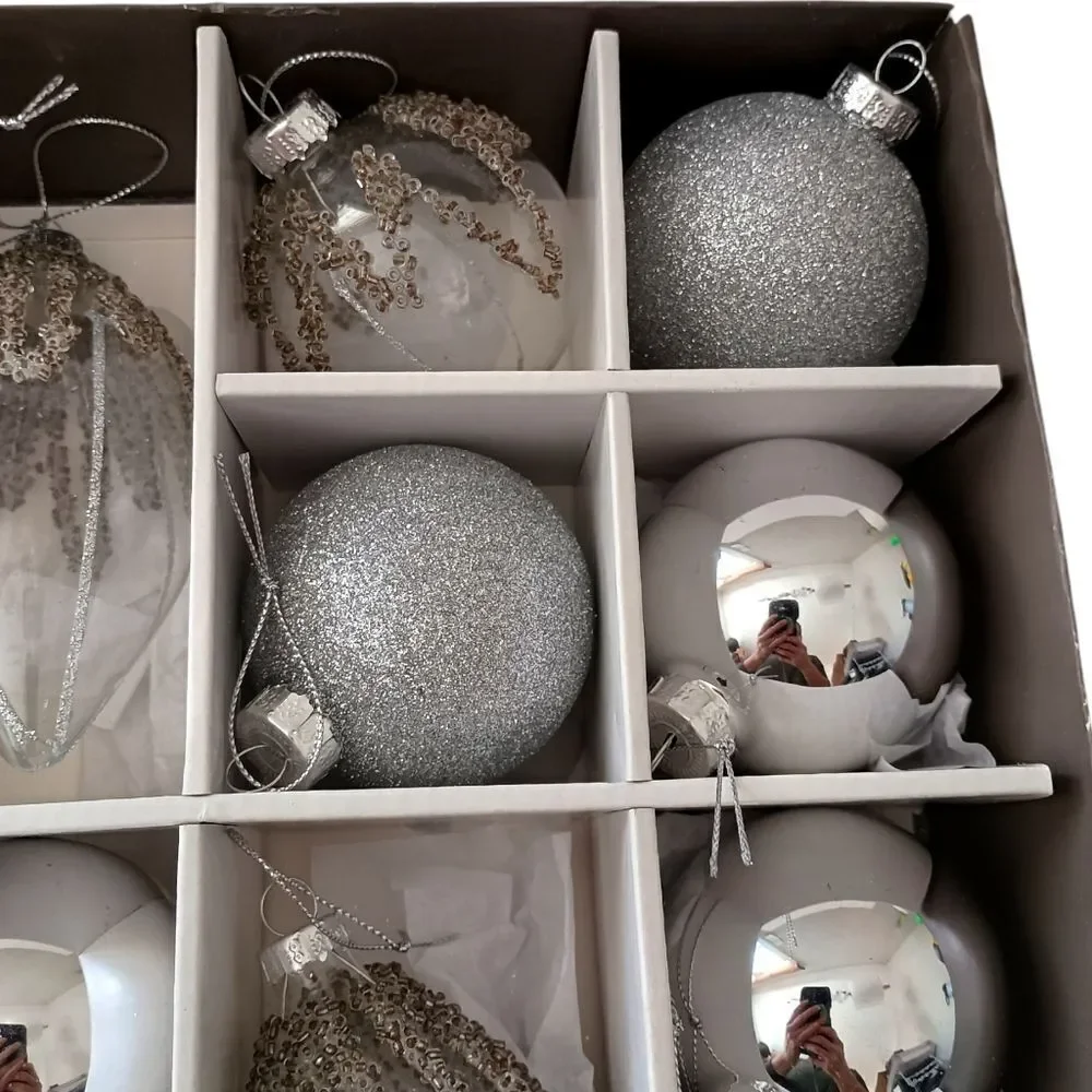 14 Martha Stewart Silver Glass Ornament Set Christmas Beaded‎ Glittery Bedford